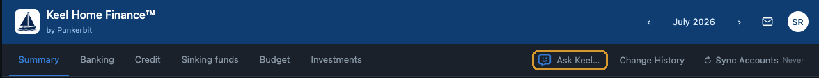The Keel Home Finance toolbar with the Ask Keel button highlighted